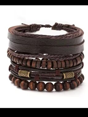 Men's Bracelets Leather 4pc Layered Beaded Brown New G4
